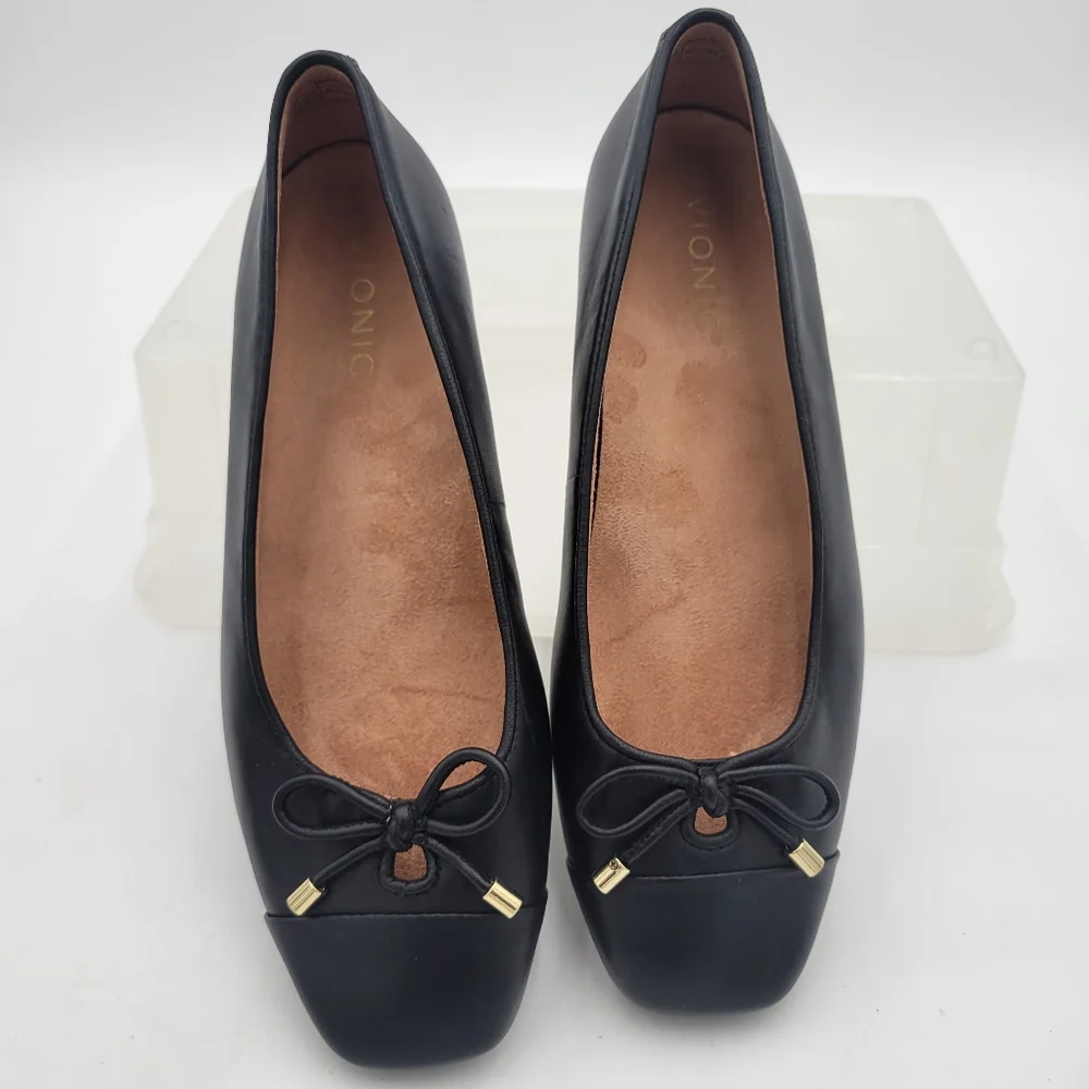 Vionic Womans Klara Ballet Flat Black Size 8 Square Toe Bow Detail Leather - Picture 1 of 10
